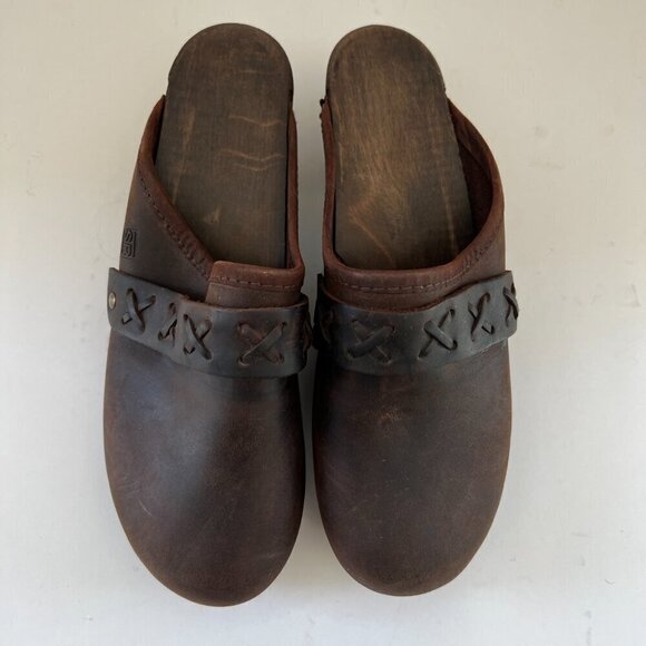 Danish Clogs Chocolate Brown Leather Wood Platform Slip On Mule Size 7 - Picture 2 of 15